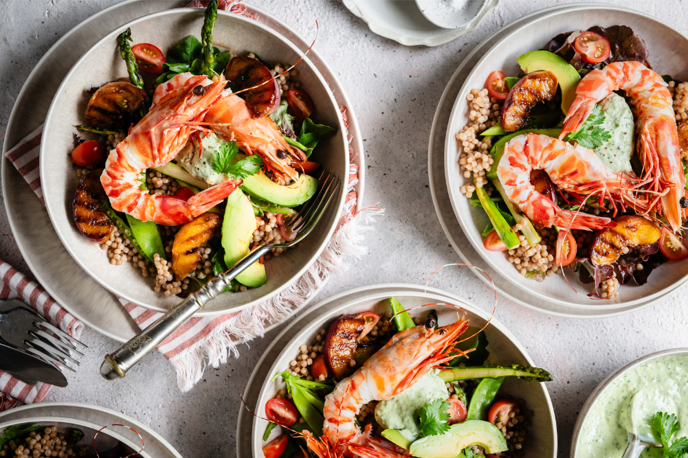 Wellbeing & Eatwell Cover Image 1001x667 (35) Prawn, Peach, Asparagus & Couscous Salad