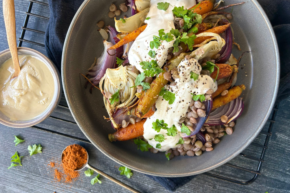 Wellbeing & Eatwell Cover Image 1001x667 (39) Honey-Roasted Harissa Carrots with Lentils & Tahini Yoghurt Sauce