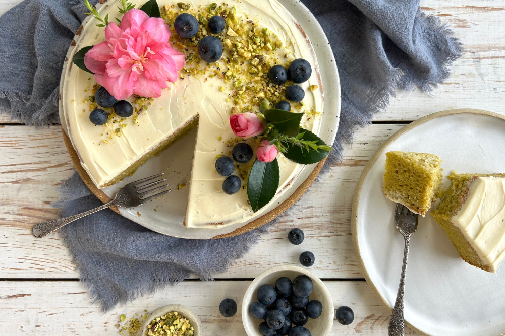 Wellbeing & Eatwell Cover Image 1001x667 (42) Gluten-Free Pistachio Cake with Blueberries