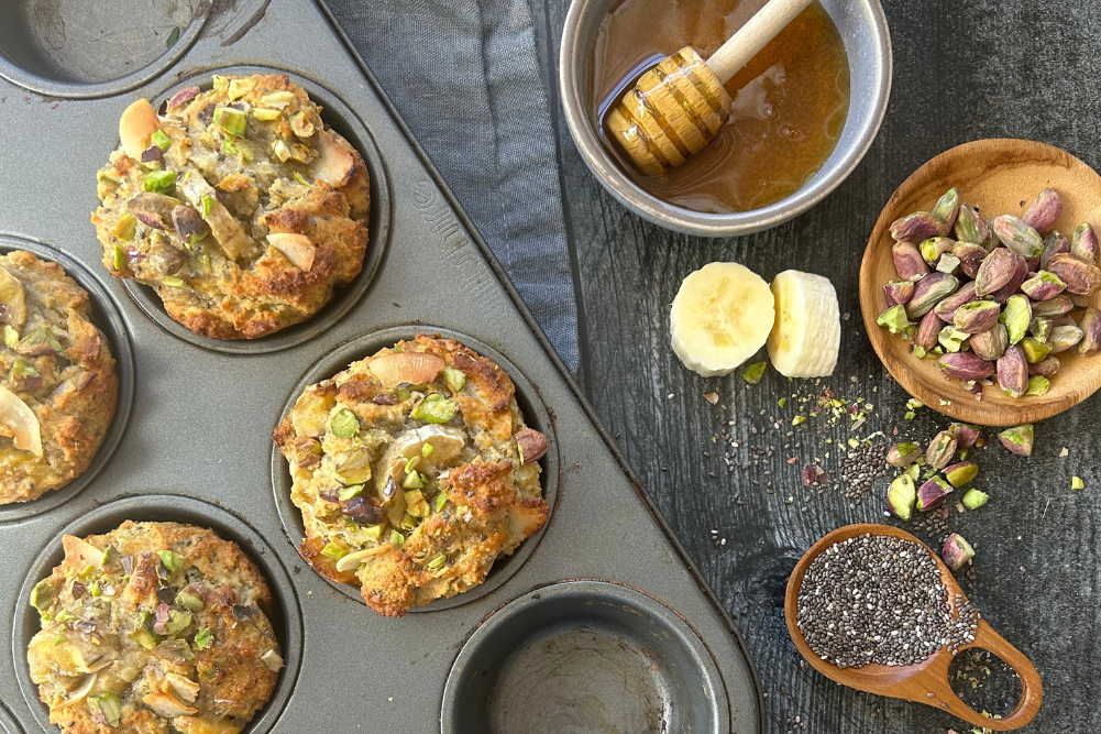 Gluten Free Banana Chia And Pistachio Muffins