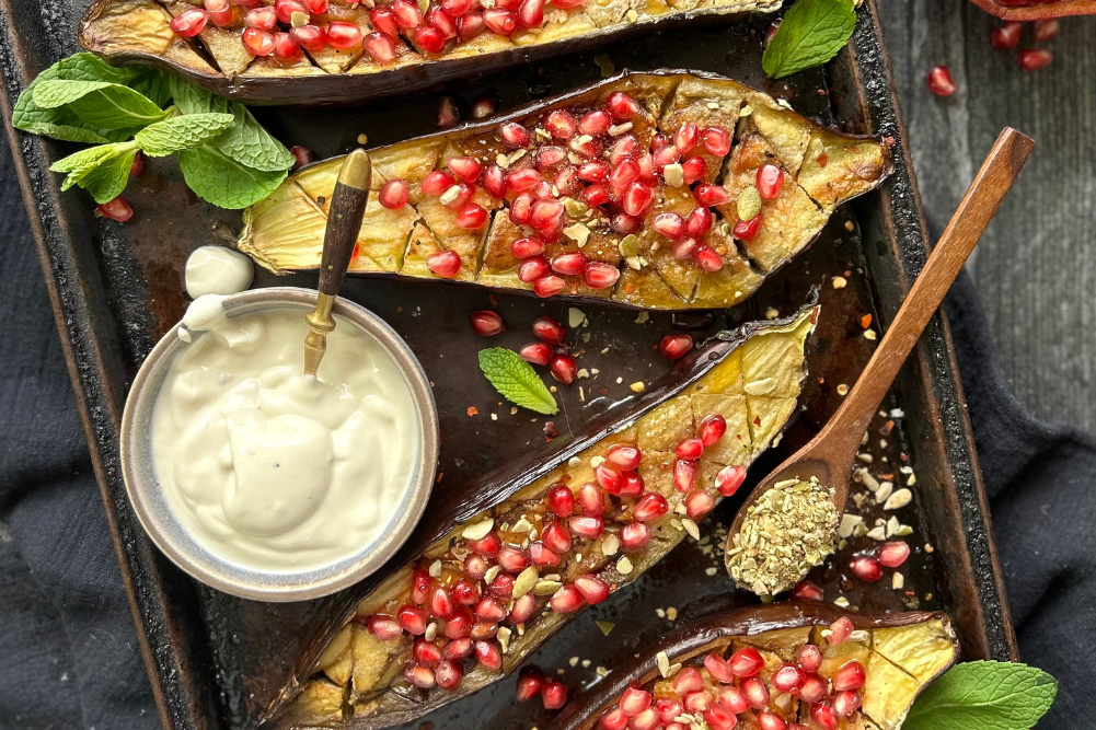 Roasted Eggplant With Pomegranates & Tahini Lemon Dressing
